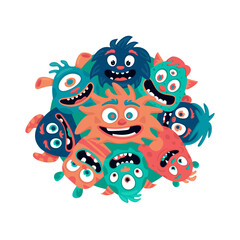 Cute smiling monsters in a circle. Vector cartoon design for print or decoration.