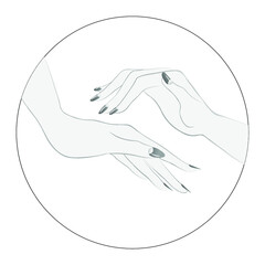 Beautiful woman hands with elegant, nail polish manicure. Black and white. Vector illustration