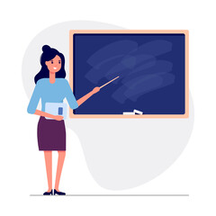Young female teacher on lesson at blackboard in classroom isolated on white background. Teacher with pointer showing on board. Vector flat illustration. Design for banner, card