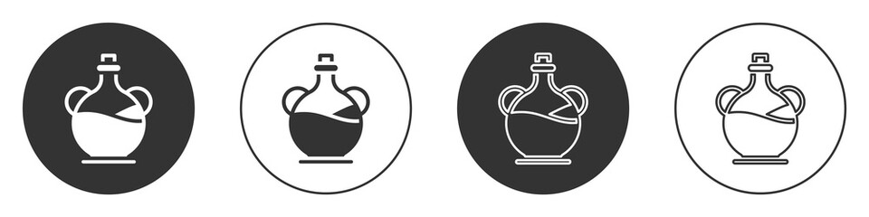 Black Bottle of olive oil icon isolated on white background. Jug with olive oil icon. Circle button. Vector.