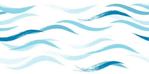 Fototapeta na wymiar Seamless Wave Pattern, Hand drawn water sea modern vector background. Wavy beach brush stroke, curly grunge paint lines, watercolor illustration