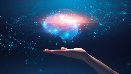 Hand holding shining brain over galaxy background