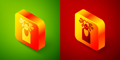 Isometric Medusa Gorgon head with snakes greek icon isolated on green and red background. Square button. Vector.