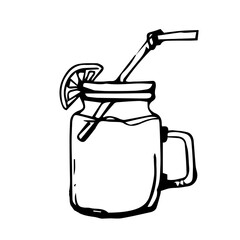 Sketch of a glass Cup with a handle and a tube. The sketch is a Cocktail with a slice of orange