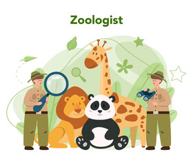Zoologist concept. Scientist exploring and studying fauna. Wild animal