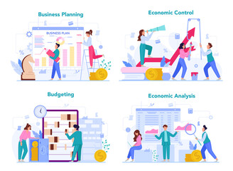 Economics and finance concept set. Business people work