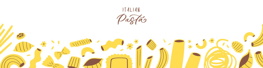 Vector illustration set of different types of pasta. Hand drawn traditional food in cuisine of Italy isolated on white background use for cooking books, restaurant menu, posters, banners, labels
