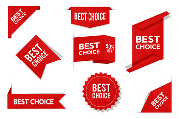 Best choice tags, vector red labels isolated on white background. Flat modern banners for advertising. Stock illustration