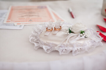 Wedding rings on a stand. wedding ceremony