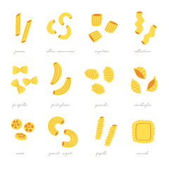 Fototapeta premium Vector illustration set of different types of pasta. Hand drawn traditional food in cuisine of Italy isolated on white background use for cooking books, restaurant menu, posters, banners, labels