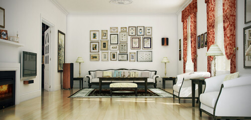 Classic interior of living room with white furniture and irregular pictures frames wall decoration.