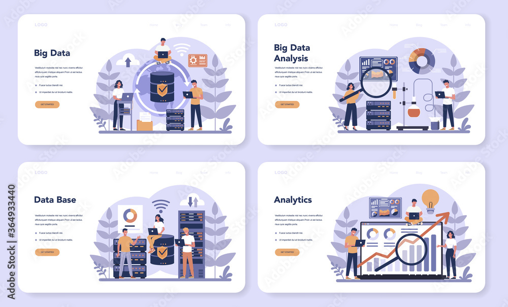 Poster big data web banner or landing page set. modern computer