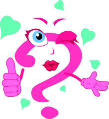 Sexy funny female question mark girl lady woman cartoon character fall in love giving kiss thumbs up valentine day one eye closed heart symbols around