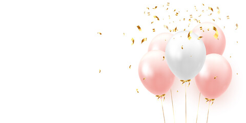 Background with festive realistic balloons with ribbon. Color pink and white, studded with gold sparkles and glitter confetti.Vector illustration