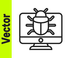 Black line System bug on monitor icon isolated on white background. Code bug concept. Bug in the system. Bug searching. Vector.