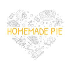Homemade Fruit Pie Banner Template with Baking Ingredients of Heart Shape Hand Drawn Vector Illustration