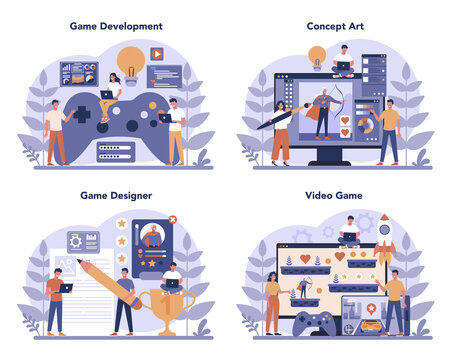 Game development concept set. Creative process of a computer video