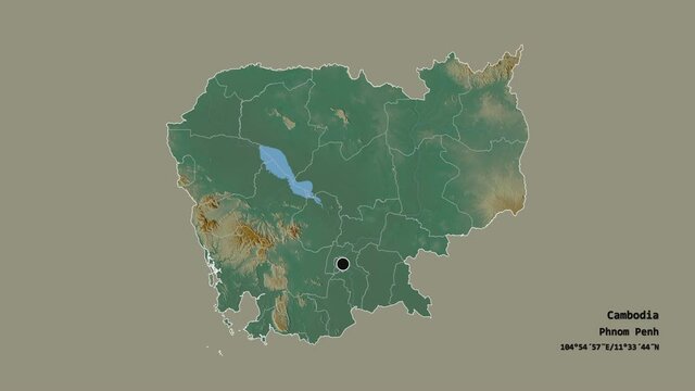 Kep, province of Cambodia, with its capital, localized, outlined and zoomed with informative overlays on a relief map in the Stereographic projection. Animation 3D