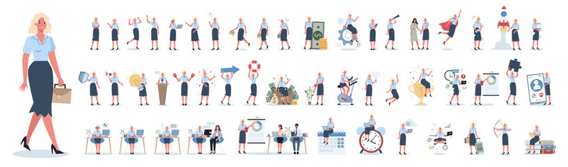 Set of business woman or office worker character with various poses
