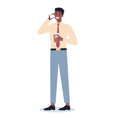 Business man with mobile phone. Male character in suit holding