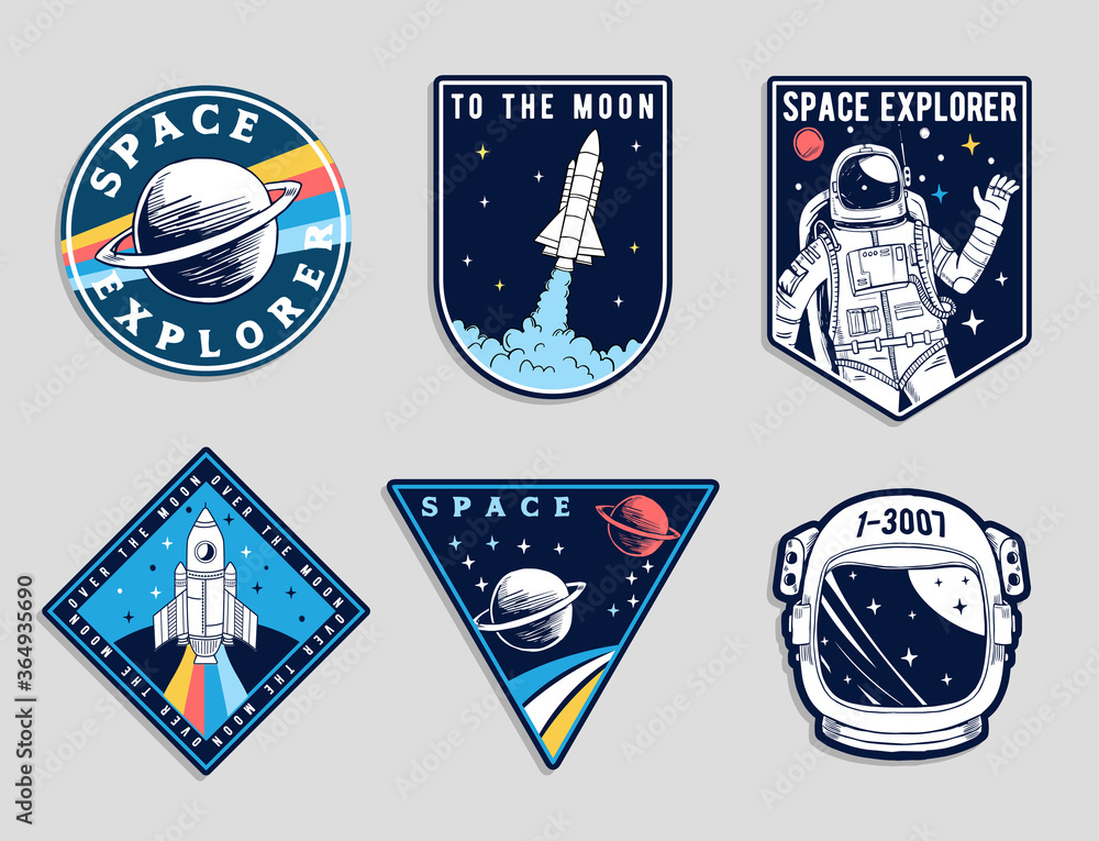 Wall mural set of space and astronaut , patches, emblems, badges and labels.