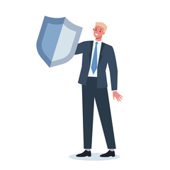 Business character wearing formal suit holding a shield. Business