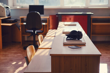 Computer class in secondary, university. Computer room is empty waiting for students to study.