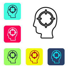 Black line Head hunting icon isolated on white background. Business target or Employment sign. Human resource and recruitment for business. Set icons in color square buttons. Vector.