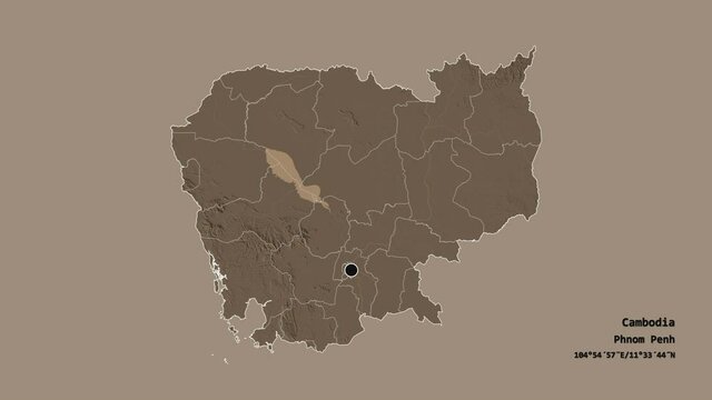 Krong Pailin, municipality of Cambodia, with its capital, localized, outlined and zoomed with informative overlays on a administrative map in the Stereographic projection. Animation 3D