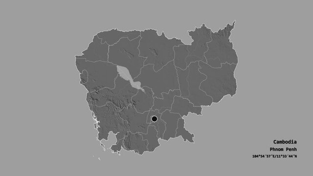 Krong Pailin, municipality of Cambodia, with its capital, localized, outlined and zoomed with informative overlays on a bilevel map in the Stereographic projection. Animation 3D