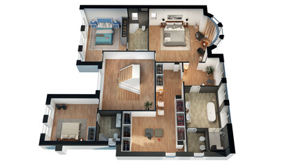 Floor plan of a house top view 3D illustration. Concept  american luxury cottage house