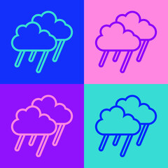 Pop art line Cloud with rain icon isolated on color background. Rain cloud precipitation with rain drops. Vector.