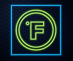 Glowing neon line Fahrenheit icon isolated on brick wall background. Vector.