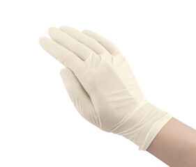 White surgical medical gloves isolated on white background with hands. Rubber glove manufacturing, human hand is wearing a latex glove. Doctor or nurse putting on nitrile protective gloves