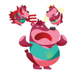 bear cartoon frustrated with the devil and angel