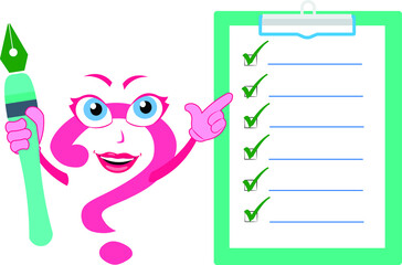 Successful business woman famous presenter trainer teacher mentor funny amazing question mark cartoon character indicating pointing on a clipboard task list Tick marks right big pen in hand