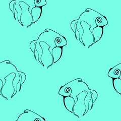Vector line art black fishes seamless pattern.