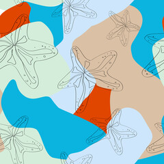 Vector summer different colores spots and star fish seamless pattern.