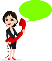 Support service smart professional young lady sales girl holding a big telephone phone receive calls talking business manager marketing contact us help line