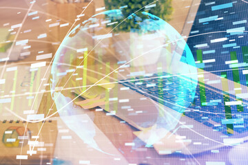 Multi exposure of business theme icons and table with computer background. Concept of success.