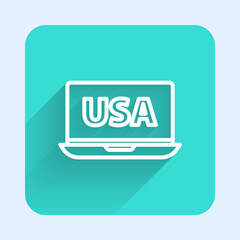 White line USA United states of america on laptop icon isolated with long shadow. Green square button. Vector.