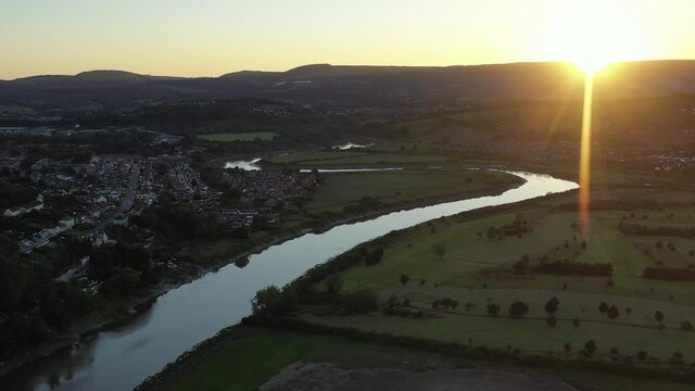 Aerial view of the Welsh town Caerleon in Wales, home of the Roman Amphitheatre
