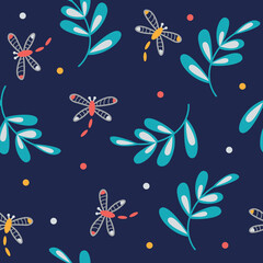 Seamless pattern with flying dragonflies and leaves. Modern background for packaging and design.
