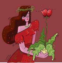 vector illustration, postcard. Medieval princess with a potted plant in her hands. Magic flower, queen sorceress