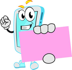 The famous funny cell phone character holding a paper sign board placard poster name card blank empty template