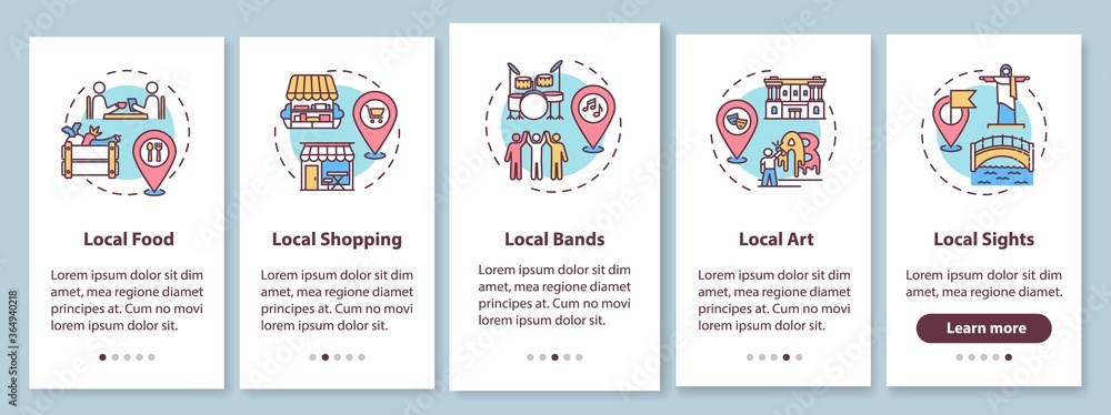 Wall mural local tourism elements onboarding mobile app page screen with concepts. local sightseeing and shoppi