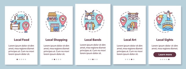 Local tourism elements onboarding mobile app page screen with concepts. Local sightseeing and shopping. Walkthrough 5 steps graphic instructions. UI vector template with RGB color illustrations