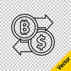 Black line Cryptocurrency exchange icon isolated on transparent background. Bitcoin to dollar exchange icon. Cryptocurrency technology, mobile banking. Vector.