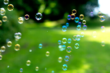 Soap Bubbles in the air, green summer background. Education, family concept. Outdoor fun.