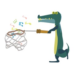 cartoon alligator holding fishing net